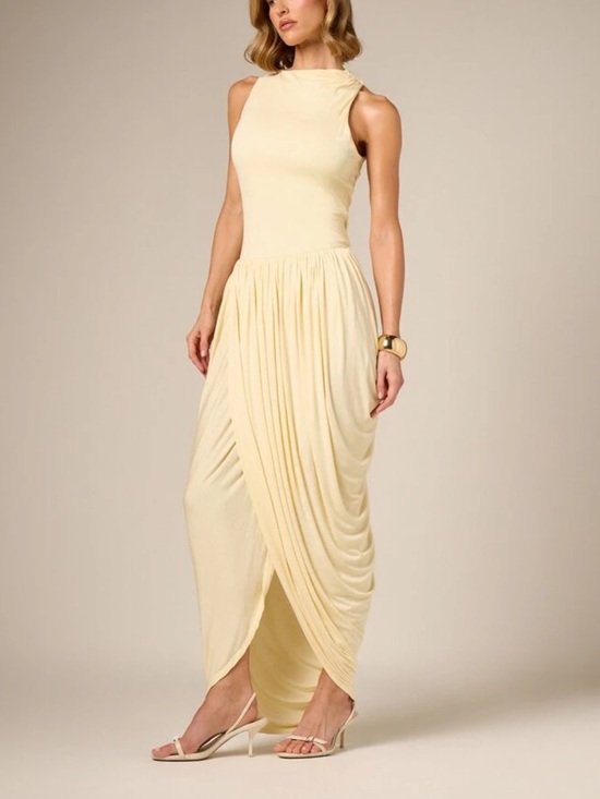Dresses & Skirts - Butter yellow cream Sleeveless draped ruched stretchy midi maxi Dress